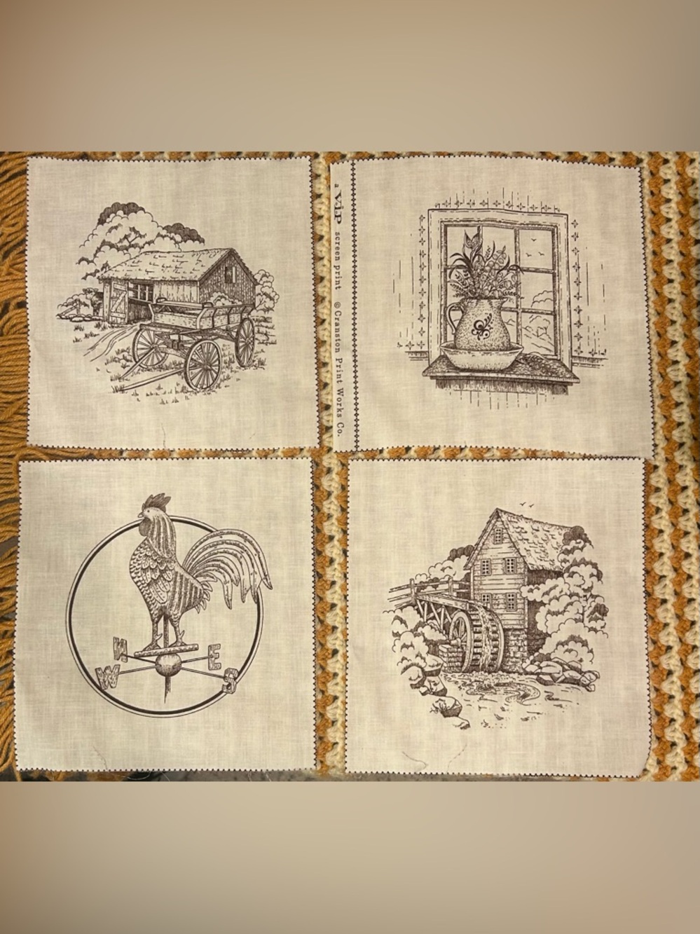 8.6" x 8.6" Vintage "Country Scene Picture Fabric Patches Brown